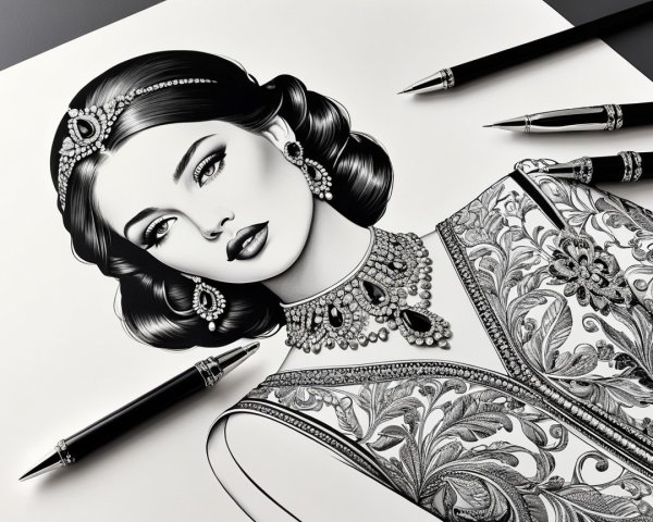 Black and White Illustration of a Glamorous Woman