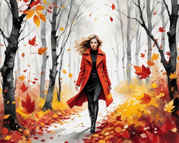 Woman in red coat walking through autumn forest path