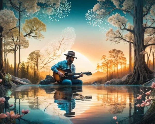 Guitarist by Tranquil Lake at Sunset with Flowers