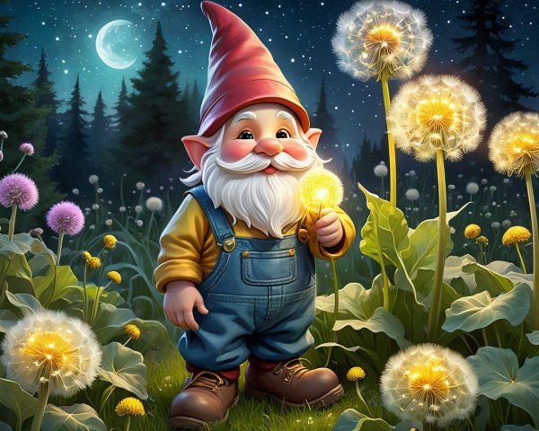 Cheerful garden gnome in a whimsical night scene