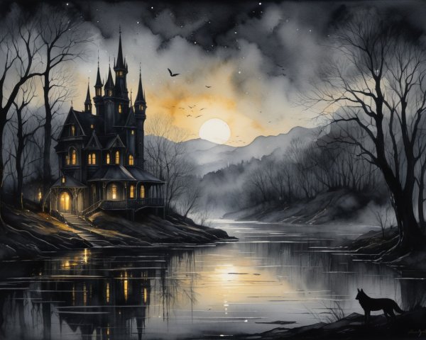 Gothic Mansion at Dusk with Moonlit River Scene