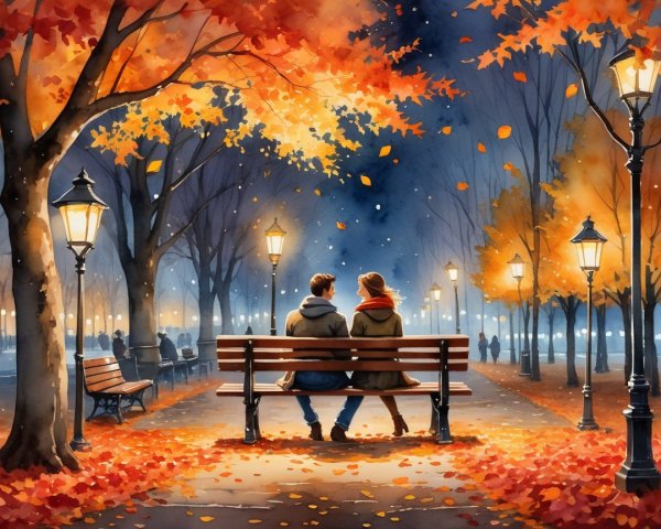 Autumn Evening Scene with Couple in a Park