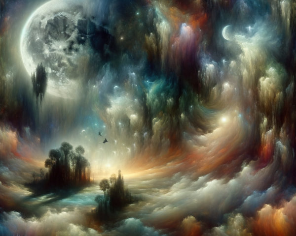 Surreal Cosmic Scene with Luminous Moon and Clouds