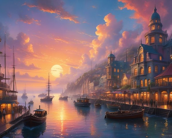 Serene Waterfront Scene at Sunset with Vibrant Hues