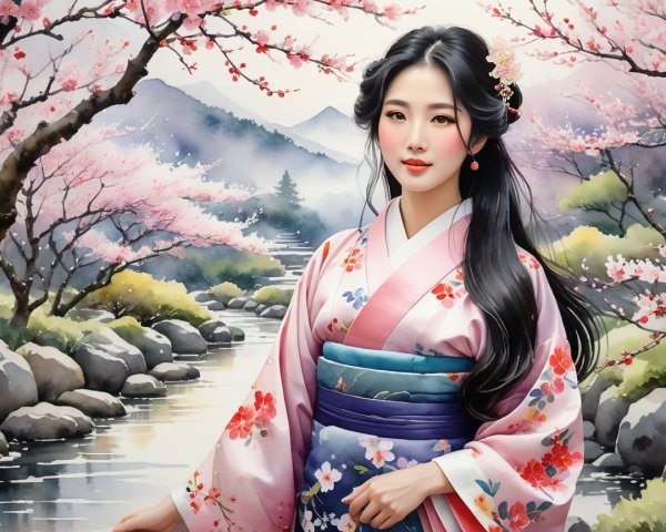 Young Woman in Kimono by Tranquil River and Cherry Trees