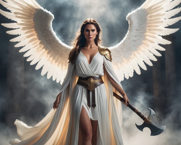 Angelic Warrior with Ethereal Wings and Axe