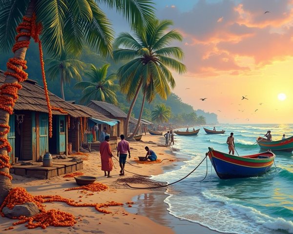 Sunset Beach Scene with Boats and Local Activities