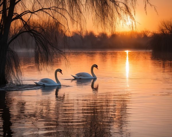 Swans Gliding on a Tranquil Lake at Sunset