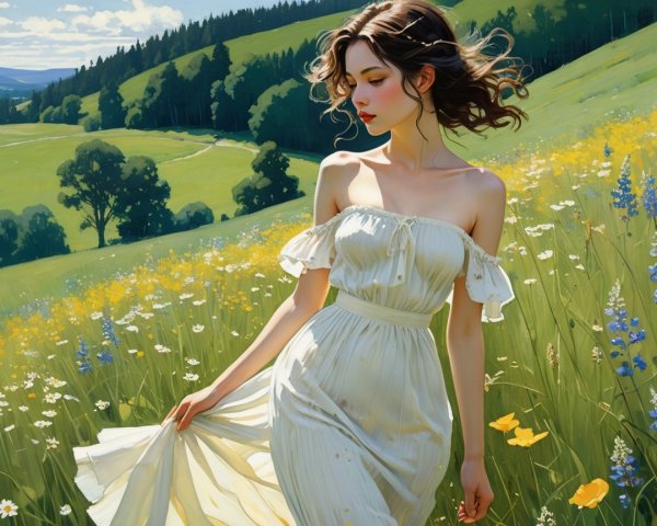 Young woman in white dress in vibrant meadow scene