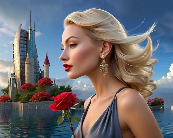 Elegant Woman by Water with Castle and Flowers