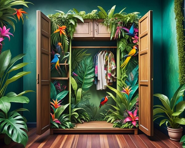 Wardrobe Open to Lush Jungle Scene with Exotic Plants