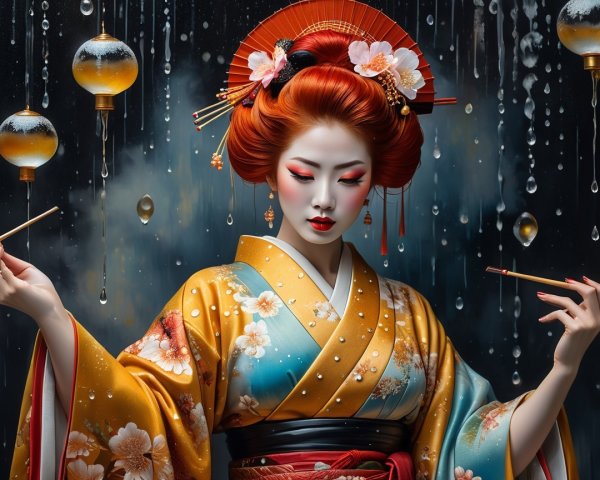 Portrait of a Geisha in Vibrant Kimono and Flowers