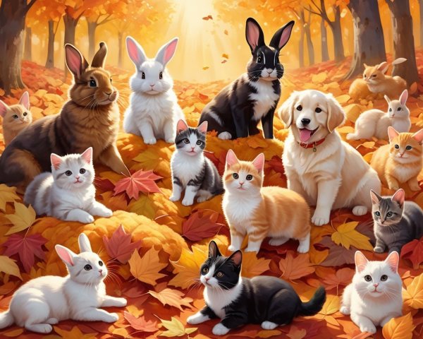 Autumn Scene with Animals Among Colorful Leaves