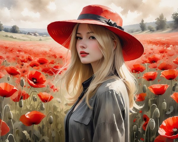 Young Woman in Red Hat Surrounded by Poppy Field