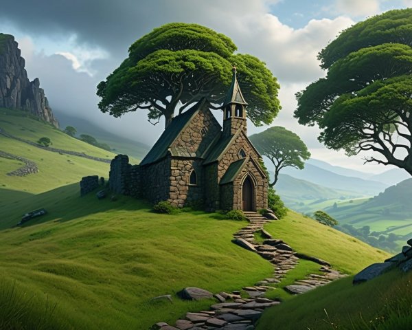Stone chapel on a hillside with serene landscape views