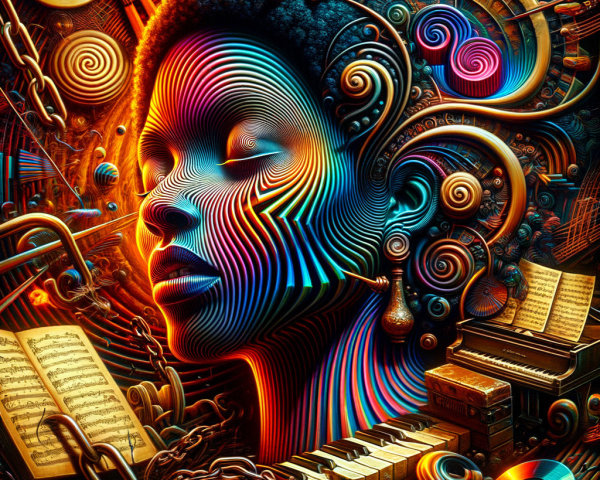 Psychedelic Portrait with Musical Elements and Patterns