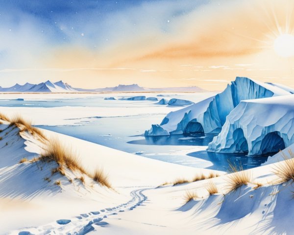 Serene Arctic Landscape with Icebergs and Sunrise