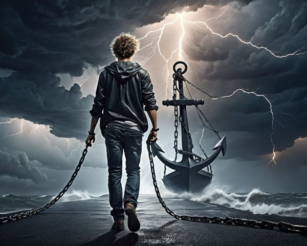 Young figure on tumultuous pier with heavy chains