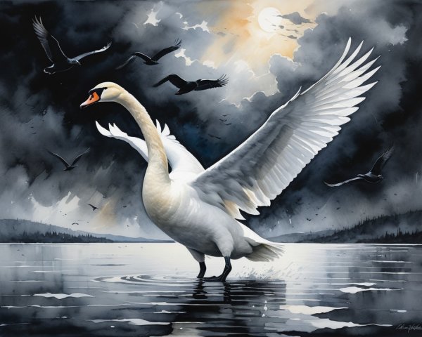 Swan Spreading Wings Over Tranquil Lake Scene