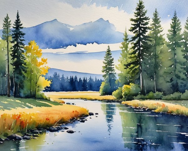 Tranquil River Landscape with Lush Greenery and Mountains