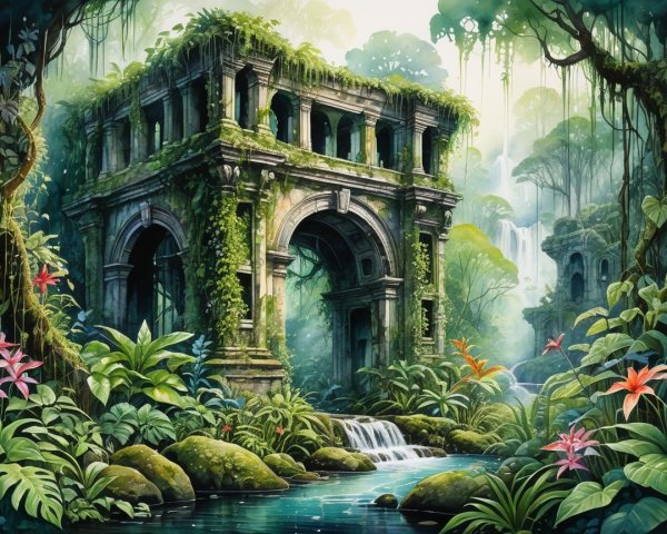Ancient Jungle Ruins Surrounded by Waterfalls and Vines