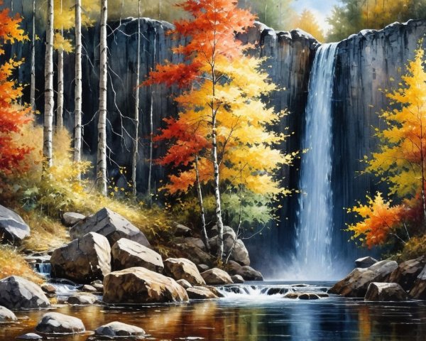 Autumn Landscape with Waterfall and Colorful Foliage