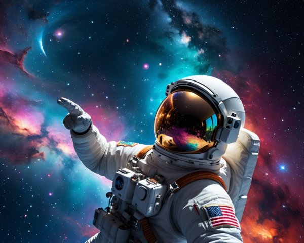 Astronaut in White Suit Against Vibrant Cosmic Backdrop
