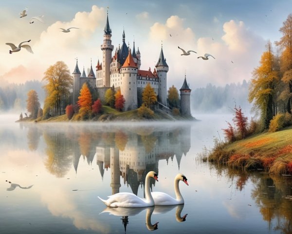 Castle on an Island Surrounded by Autumn Foliage