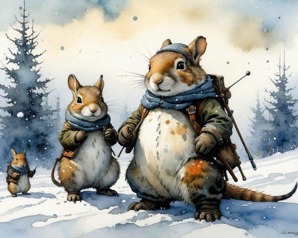 Chubby Squirrels in Winter Clothing in Snowy Landscape
