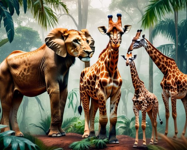 Wildlife in a Lush Jungle with Elephants and Giraffes