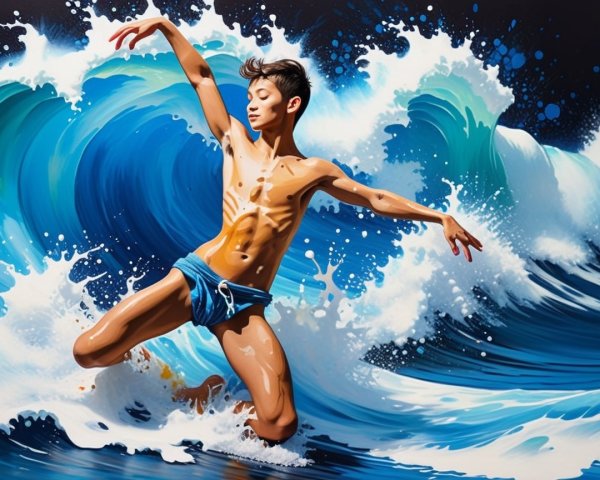 Young Dancer Leaping in Ocean Waves and Sunlight