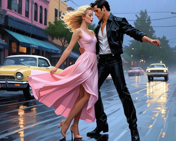 Couple Dancing in Rainy Street with Vintage Cars