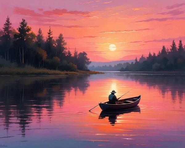 Serene sunset over river with fisherman and trees