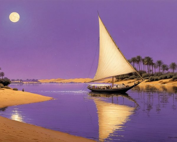 Serene River Landscape with Sailboat at Dusk
