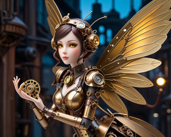 Steampunk Fairy with Mechanical Wings and Vintage Cityscape