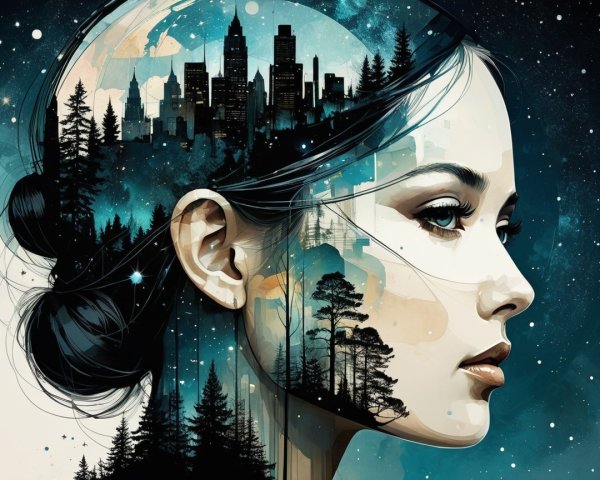 Woman's Profile Merged with Surreal Landscape Elements