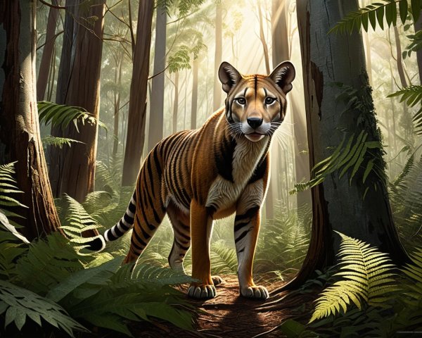 Tiger in a Lush Green Forest with Sunlight Filtering