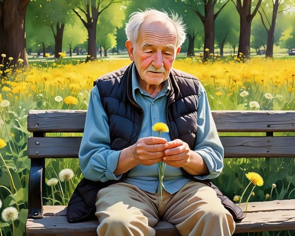 Elderly Man Reflects in Vibrant Dandelion Park