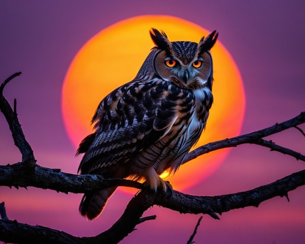 Majestic Owl Silhouetted Against Vibrant Sunset