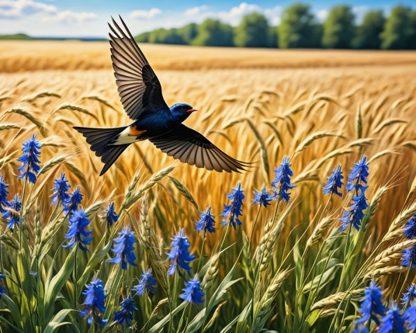 Swallow in Flight Over Golden Wheat Field with Flowers