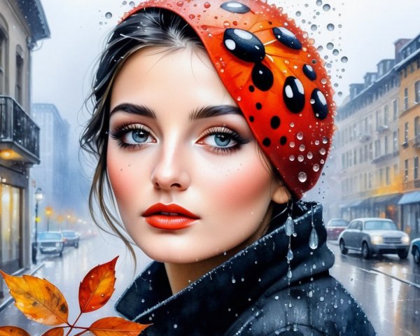 Young woman in red spotted hat on rainy city street