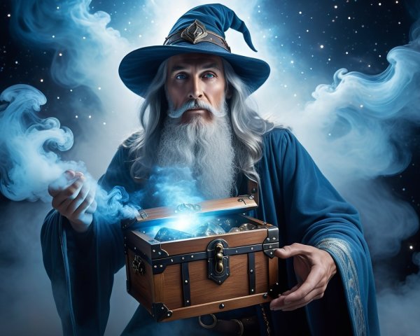Elderly wizard in blue robe with glowing chest and stars