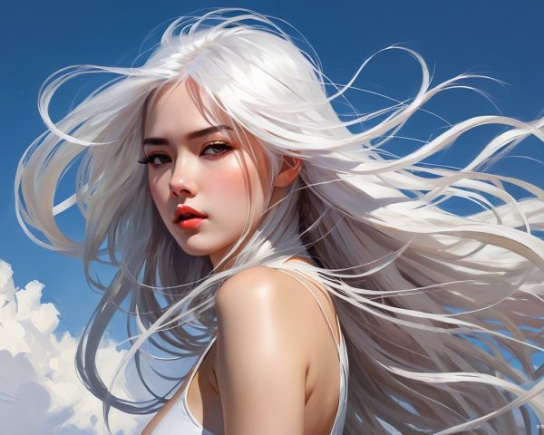 Young woman with white hair against blue sky