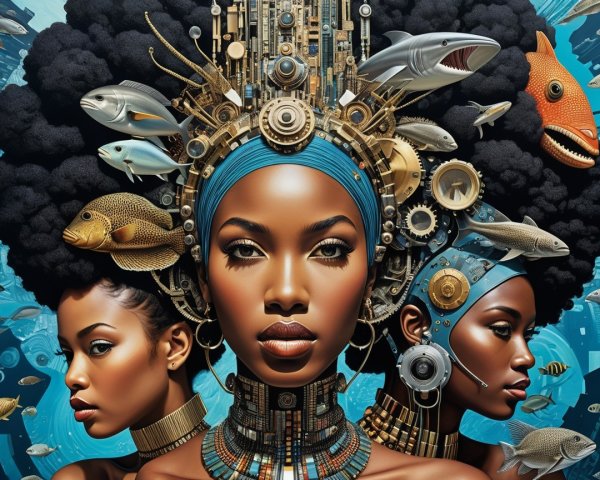 Three Women with Unique Hairstyles and Aquatic Background