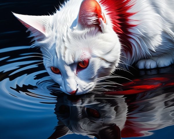 White Cat with Orange Eyes by Calm Water Reflection
