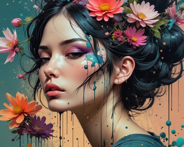 Portrait of a woman with flowers and colorful paint