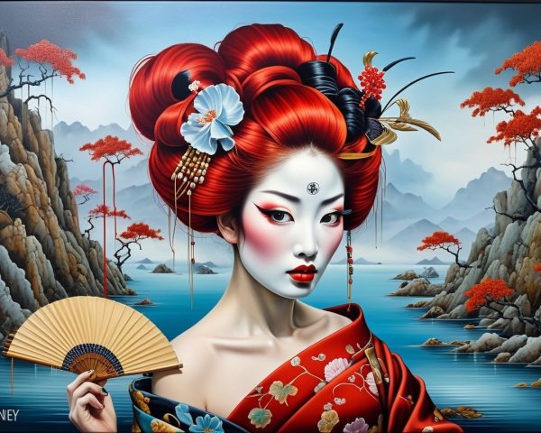 Vibrant Woman in Traditional Japanese Attire and Nature