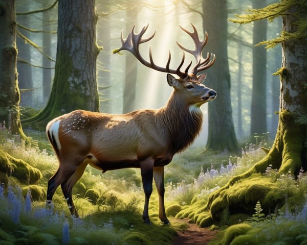 Majestic stag in a serene forest with dappled sunlight
