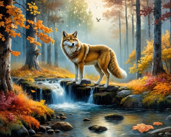 Fox by Tranquil Stream in Vibrant Autumn Forest