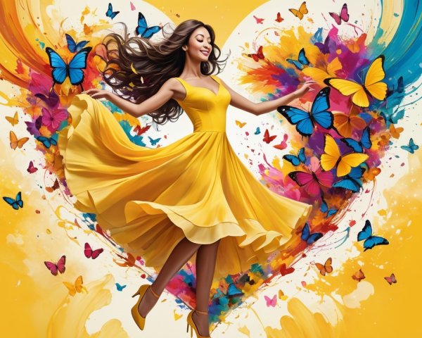 Joyful Woman in Yellow Dress with Butterflies and Paint